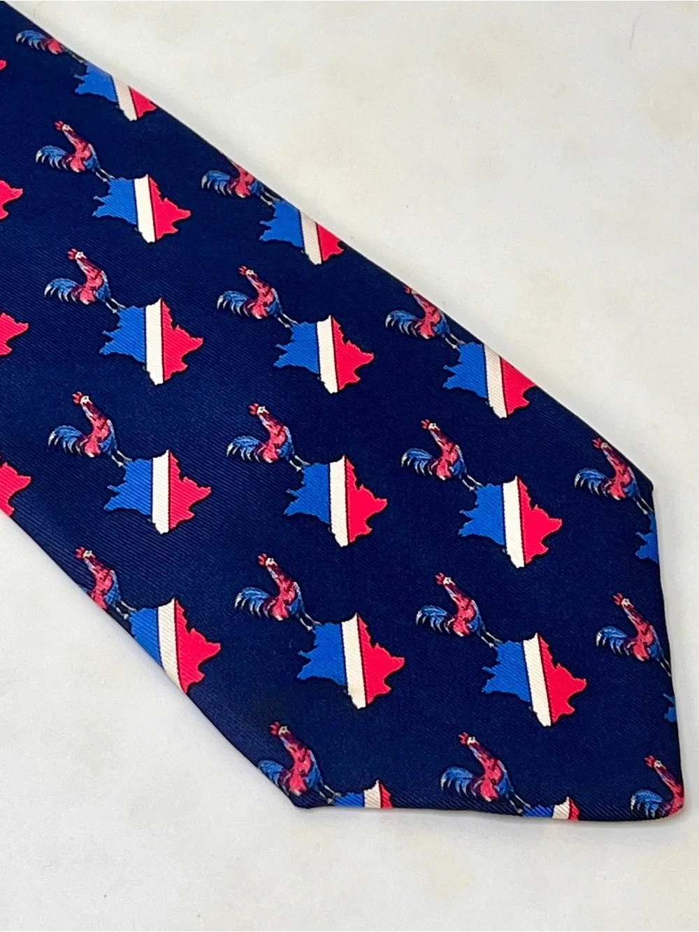 Hermes Navy Tie with Red, White & Blue Rooster and France Motif